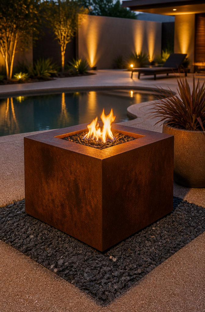 A Corten steel cube fire pit with a rustic appearance in a yard.