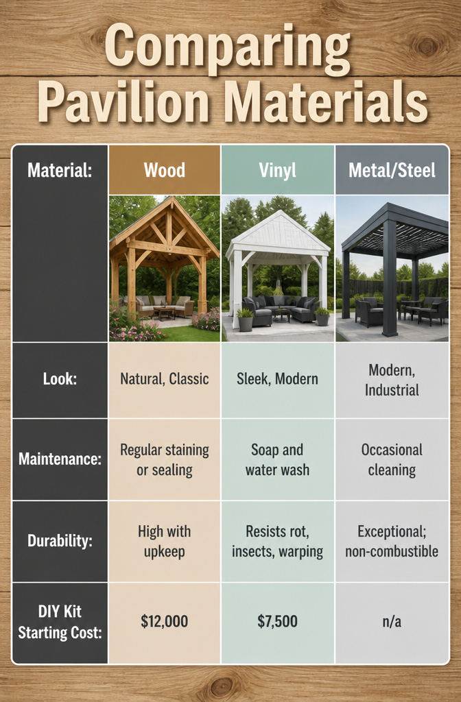 Chart comparing wood, vinyl, and metal pavilion materials.