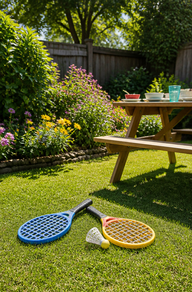 Paddles and a birdie for Jazzminton on a sunny lawn.