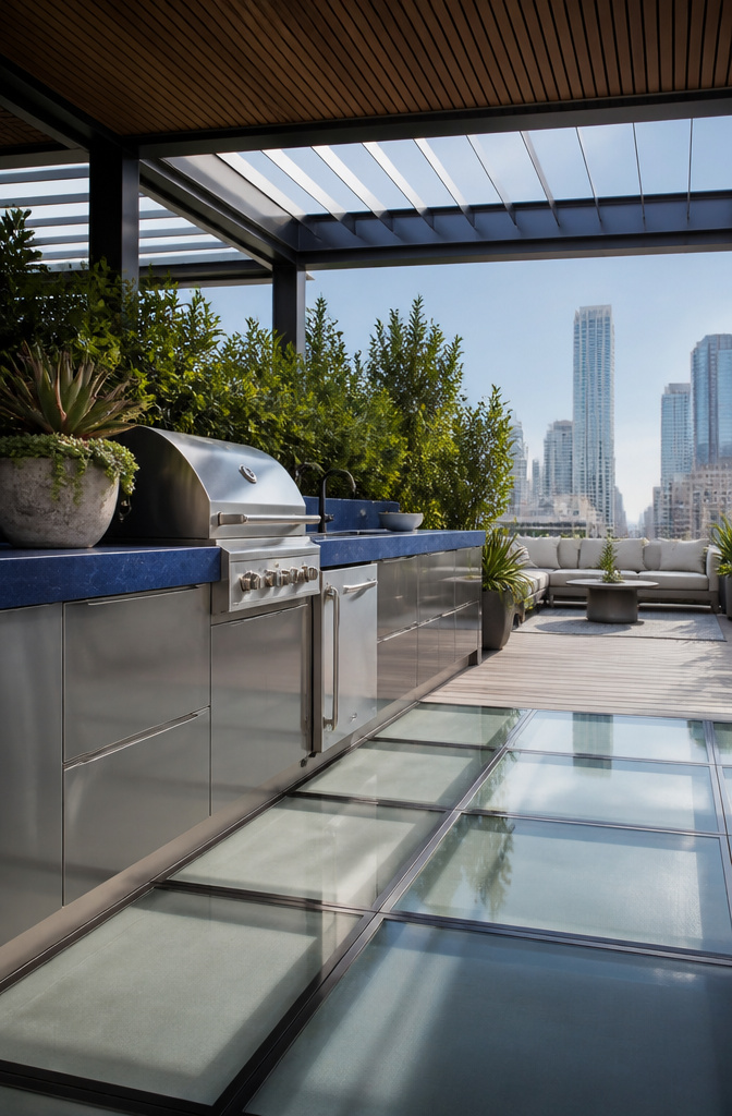 A rooftop outdoor kitchen with powder-coated cabinetry and lava stone countertops.