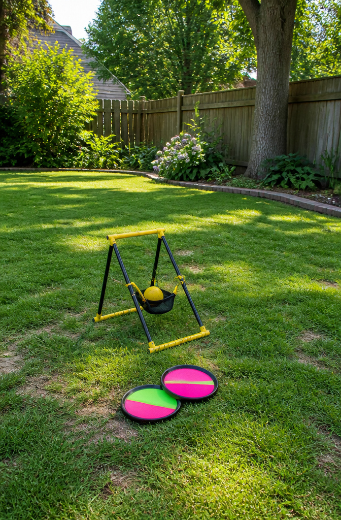 Sling Ball catapult and discs in a vibrant backyard.