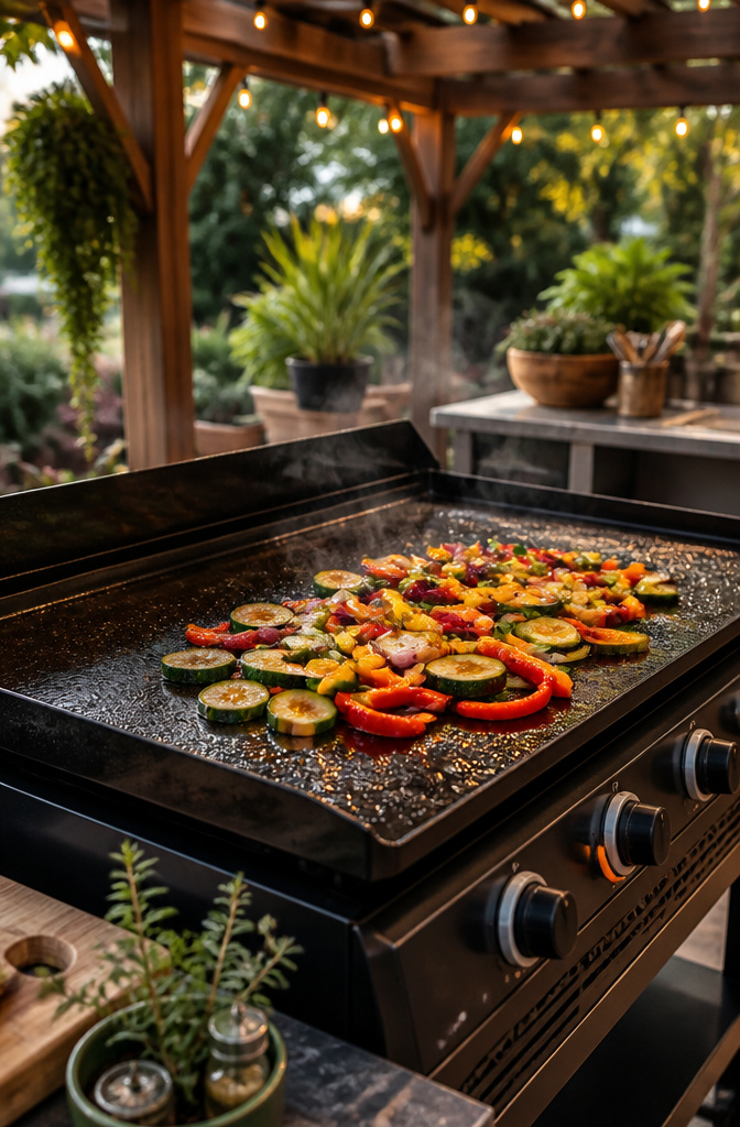 Fresh vegetables being sautéed on a Blackstone griddle.