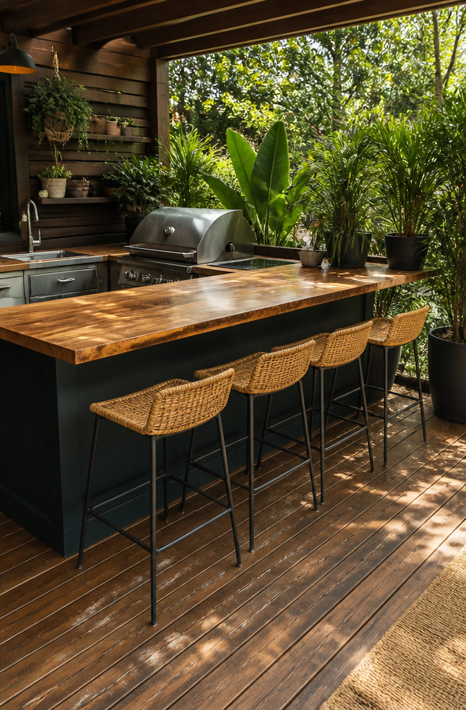 An outdoor bar setup with a counter facing the seating area.