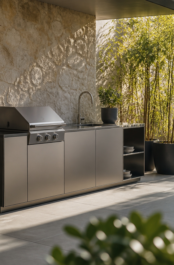 A minimalist outdoor kitchen with soft-close drawers and stainless steel.
