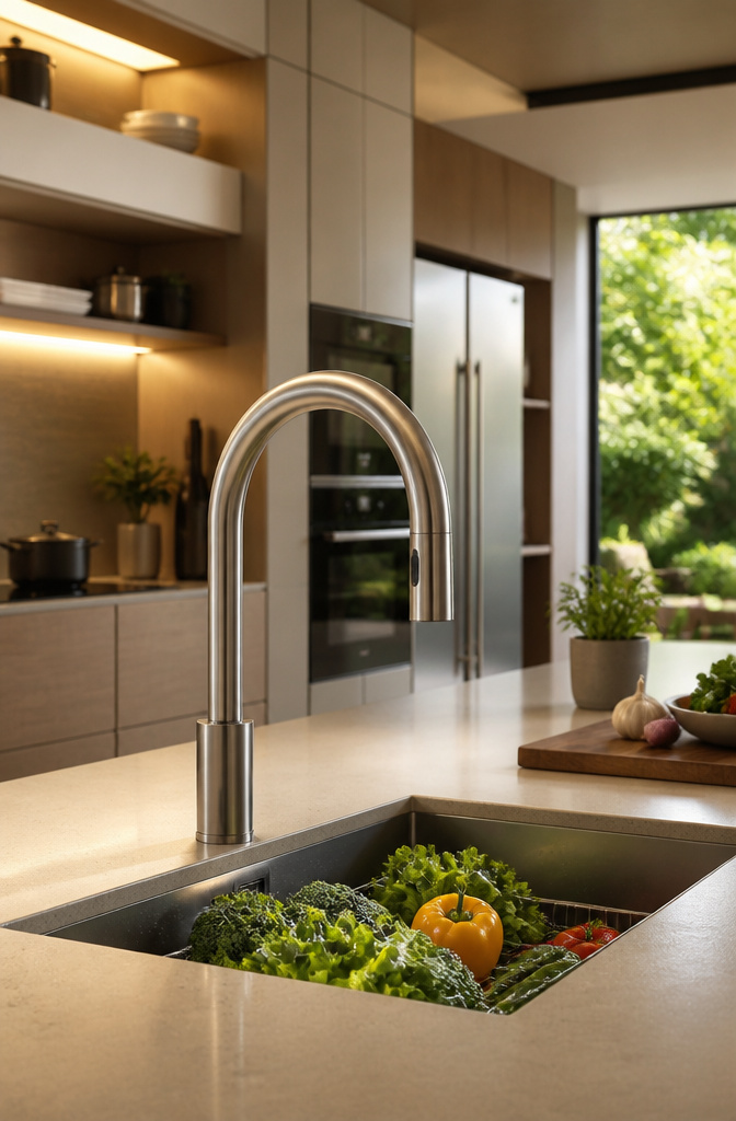 Modern kitchen equipped with a touchless faucet and smart appliances.