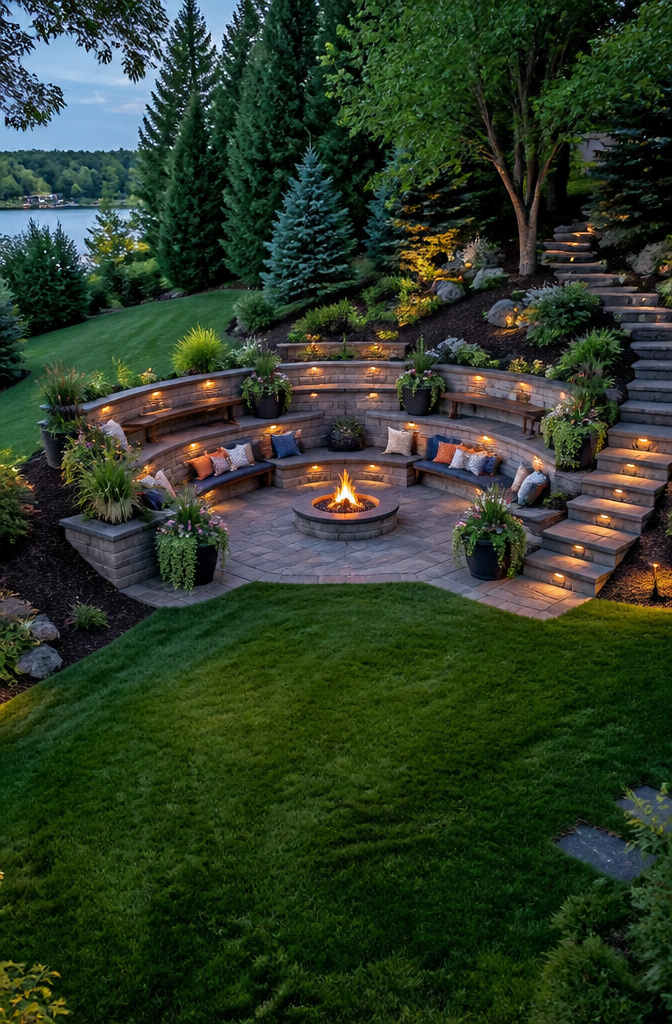A fire pit area with stepped seating levels in a landscaped yard.