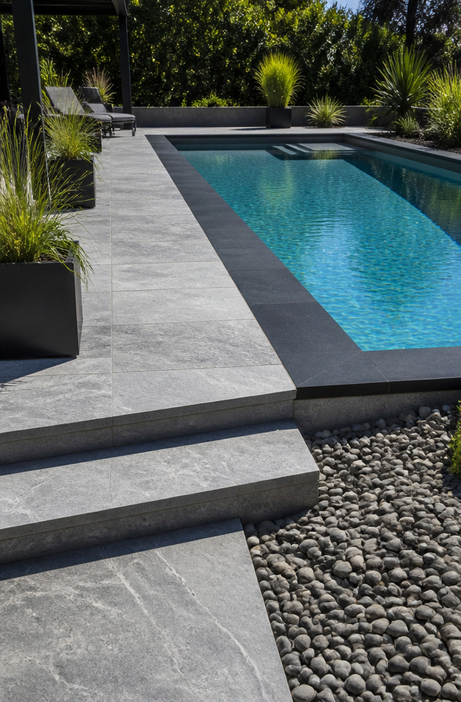 Elegant pool deck made of Tundra Grey Marble and black basalt coping.
