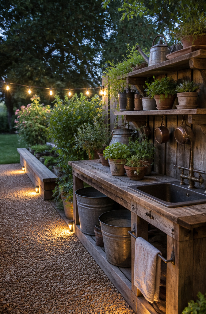 Outdoor kitchen built around a potting bench with galvanized washtubs.