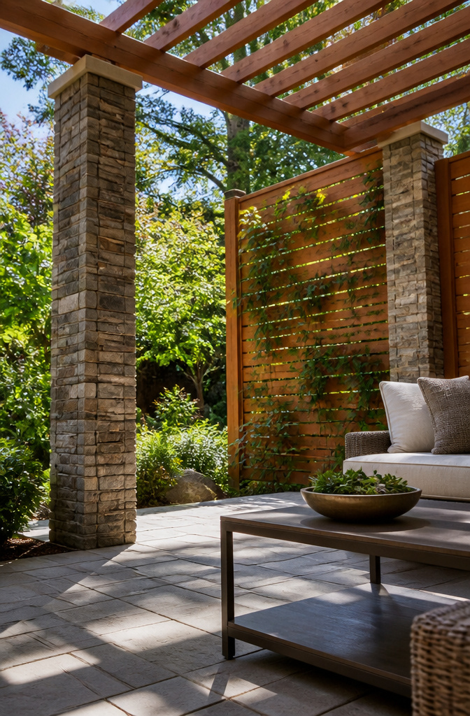 A patio featuring a cedar screen and climbing plants for privacy.