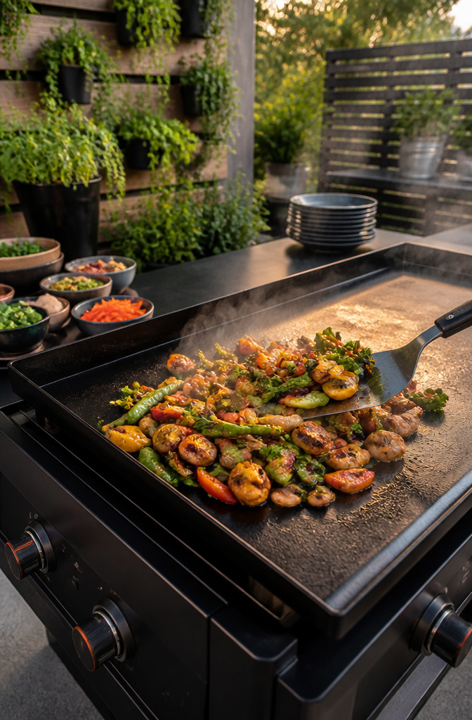 Ingredients being stir-fried on a Blackstone griddle.