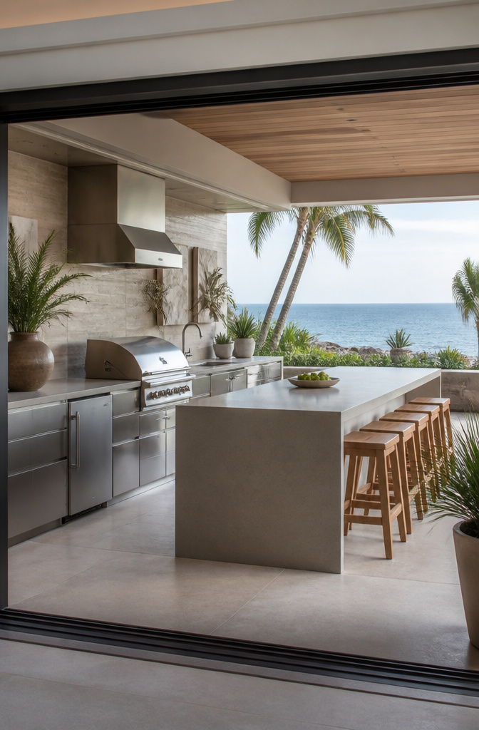 A coastal outdoor kitchen with soft-close cabinetry and a seamless countertop.