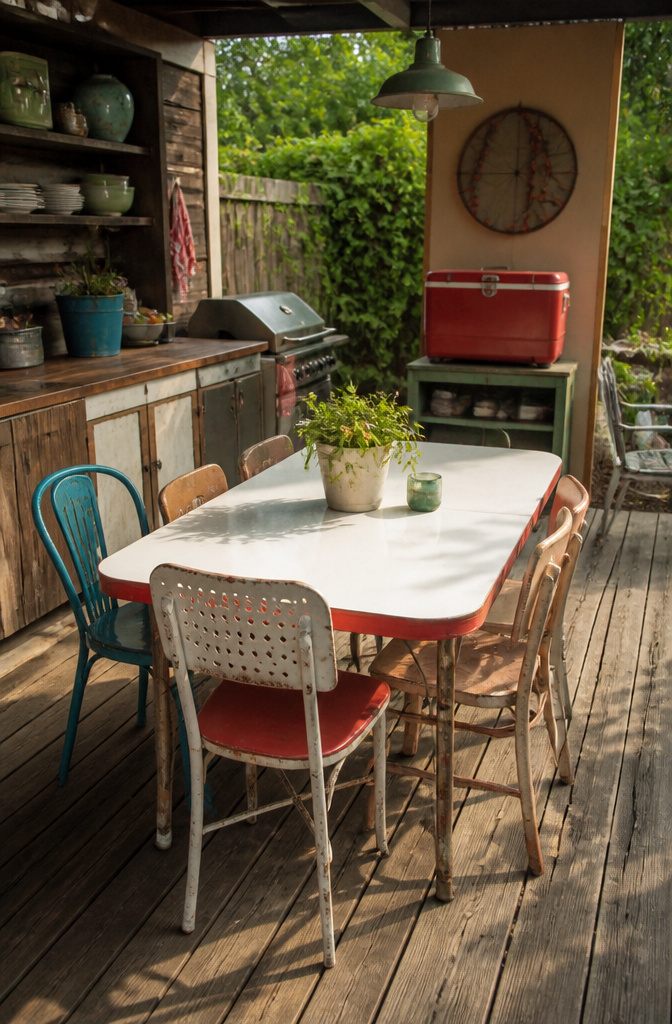 A vintage outdoor kitchen featuring an enamel-top table and mismatched chairs.