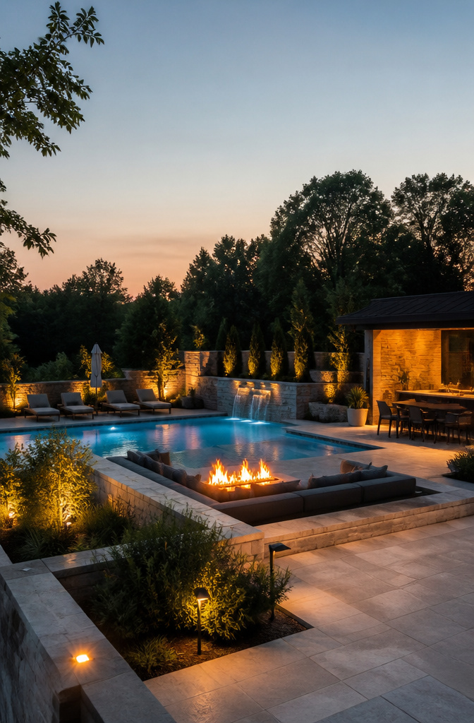 Luxury backyard with interconnected pool, kitchen, and seating areas.