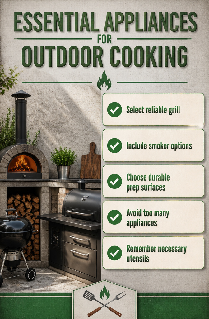 Essential appliances for an outdoor kitchen setup with various cooking tools.