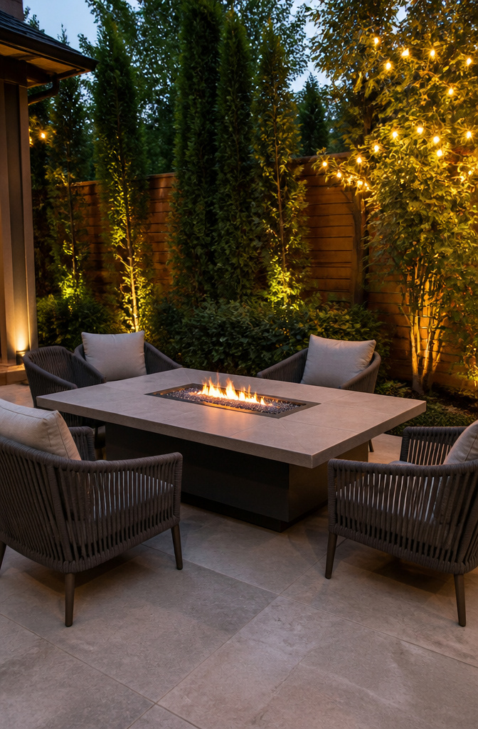A fire pit table with a low flame surrounded by dining chairs.