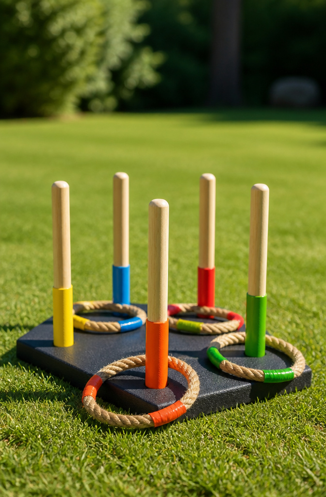 A ring toss game made with rope rings and a wooden base.