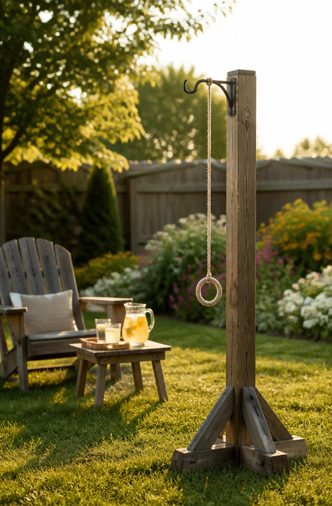 Tiki Toss ring and hook mounted on a wooden post.