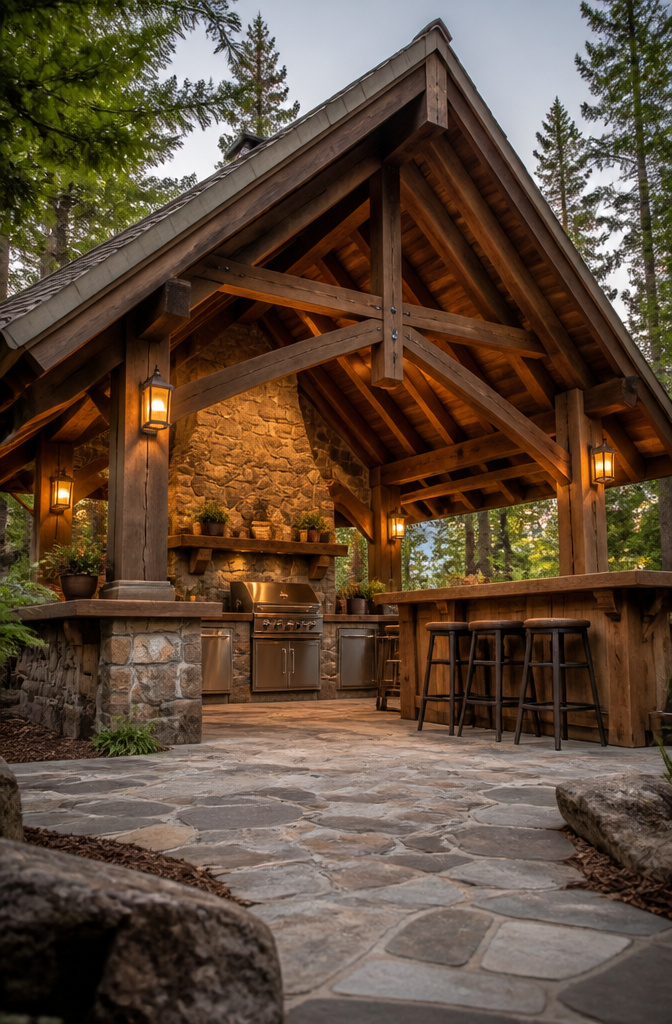 Chalet-style outdoor kitchen with heavy timber frames and stone hearth.