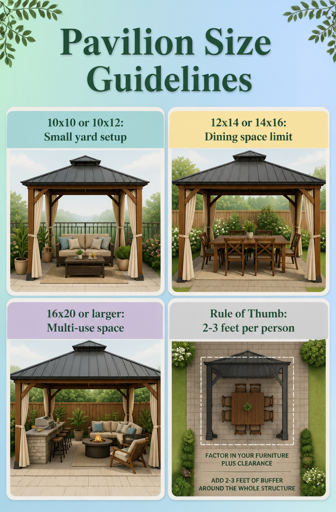 Infographic detailing pavilion size recommendations for outdoor areas.