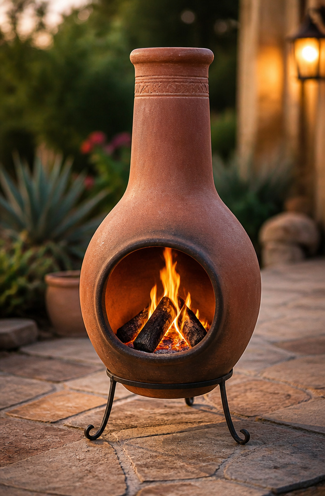 A clay chiminea with an opening facing seating areas.