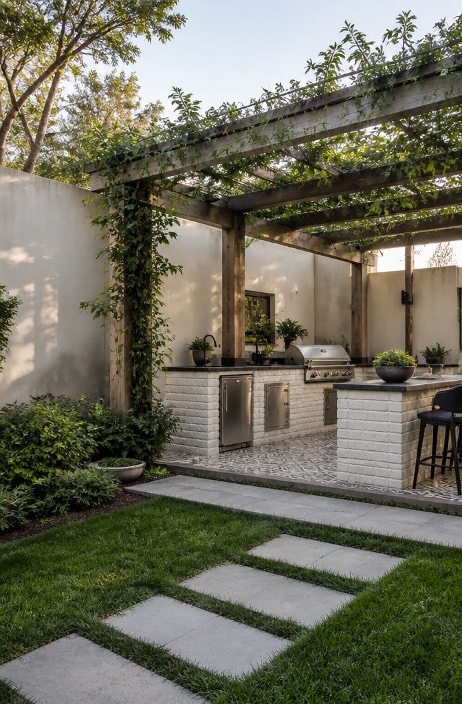 A garden outdoor kitchen featuring brick and encaustic concrete tile.