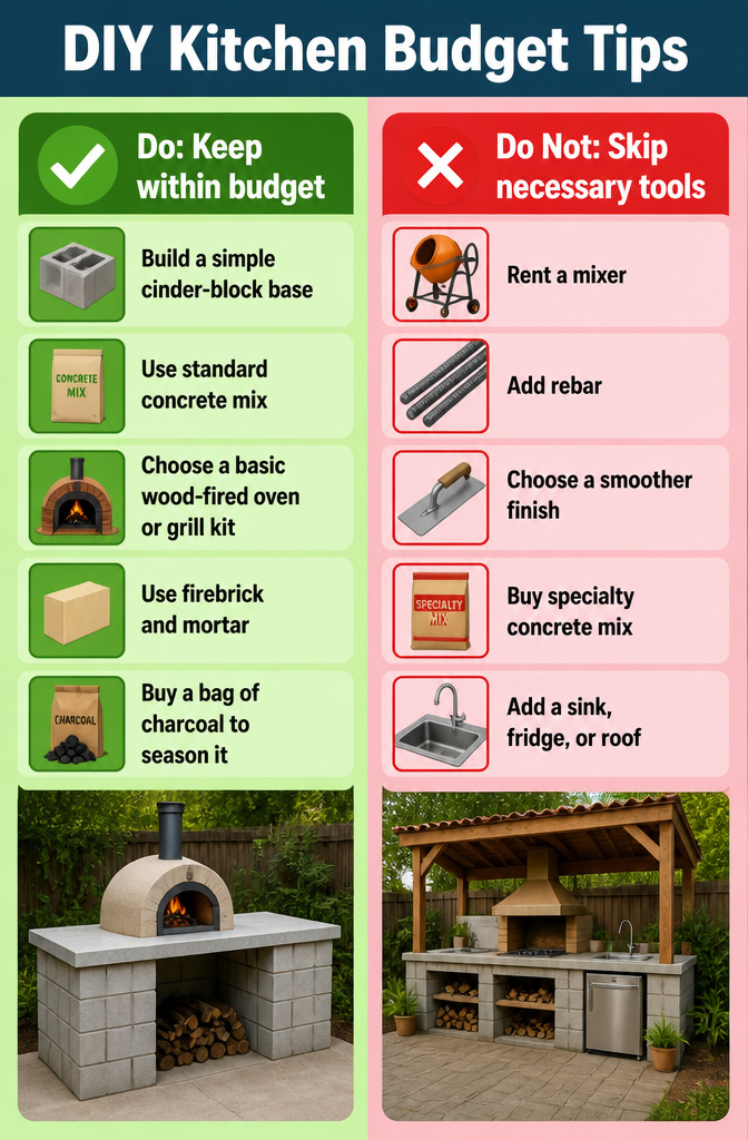 Budget-friendly DIY outdoor kitchen materials laid out for construction.