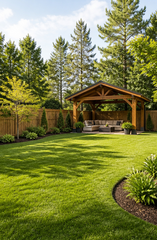Illustration showing pavilion placement in a yard for optimal use.