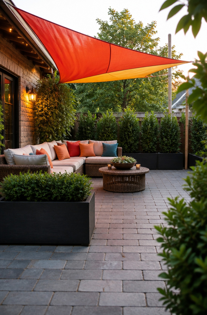A patio with a vibrant shade sail over a small seating arrangement.