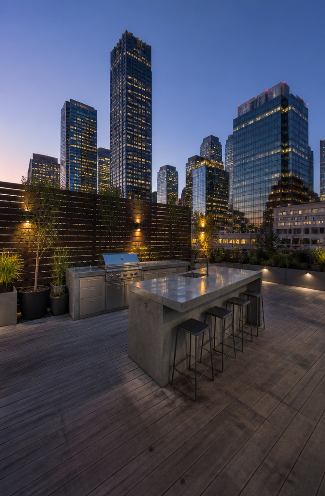 An outdoor kitchen with gray concrete surfaces and industrial design.