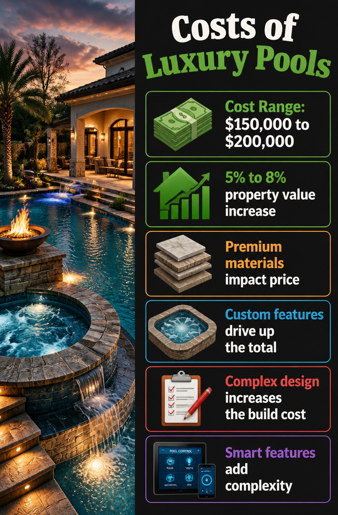 Infographic showing costs associated with luxury pool designs.