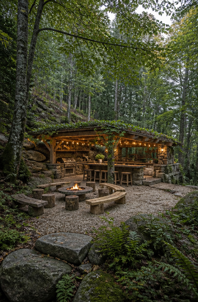 Forest retreat kitchen featuring fallen timber and fieldstone.