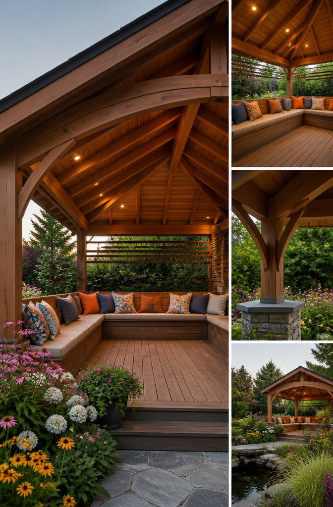 Features of a pavilion highlighting built-in benches and recessed lighting.