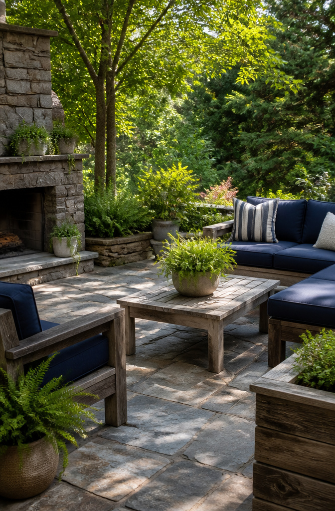 A patio designed with natural stone and reclaimed wood seating.