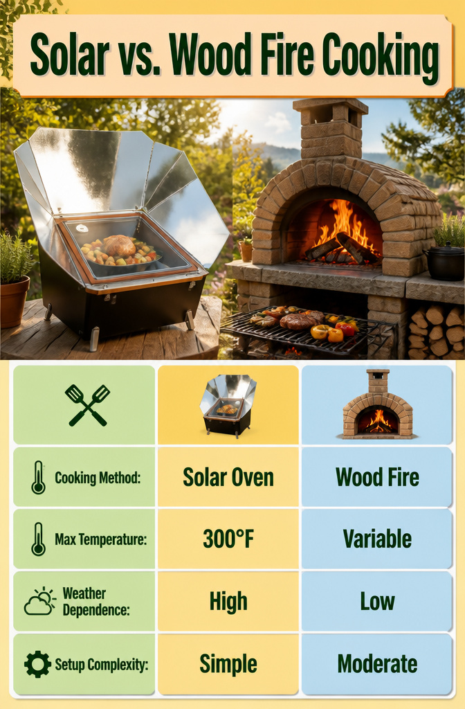Solar oven setup alongside a wood fire cooking area in an outdoor kitchen.