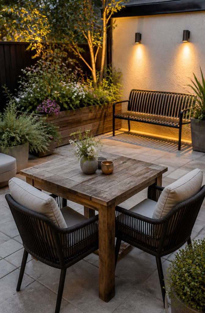 10 Outdoor Space Ideas for 2026: Backyard Design & Decor Tips 15 An outdoor dining area with a rustic wooden table and cushioned chairs.