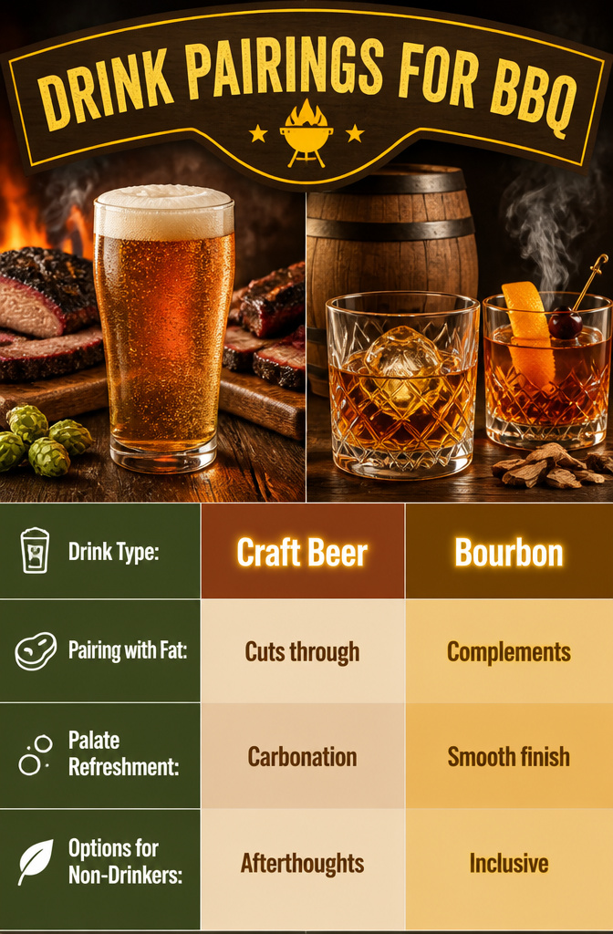 Image of various drinks paired with BBQ foods.