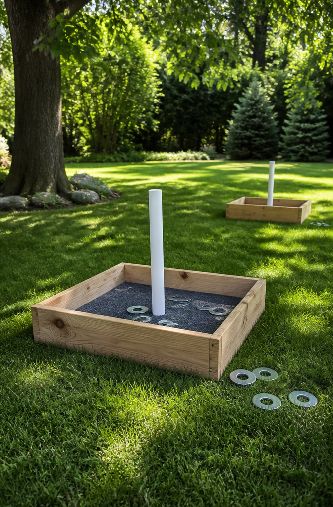 A Washer Toss game set up with two wooden boxes and washers.