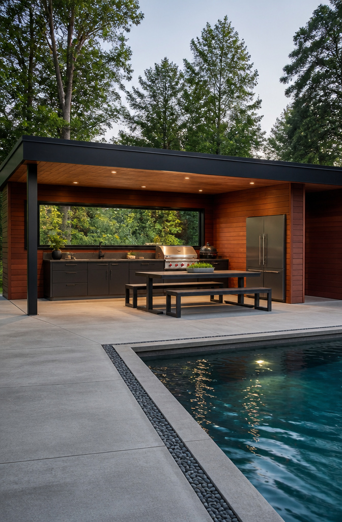 A covered poolside outdoor kitchen with red cedar cladding and concrete flooring.