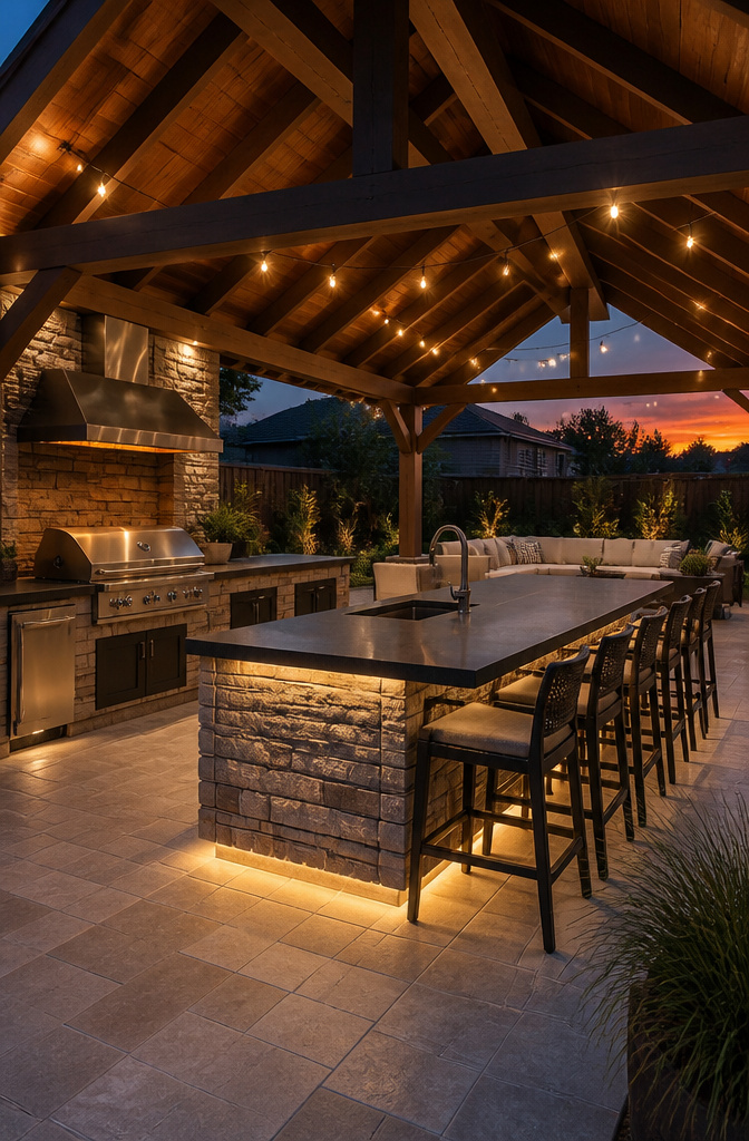 A pavilion outdoor kitchen with an expansive island and soft lighting.