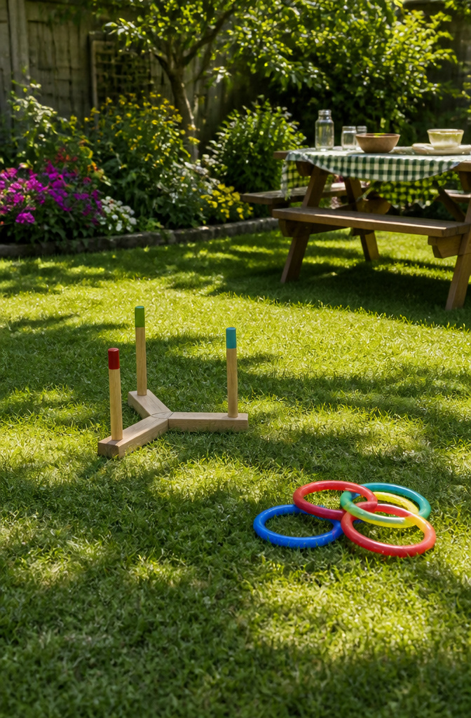 Ring toss posts and rings on a grassy area.