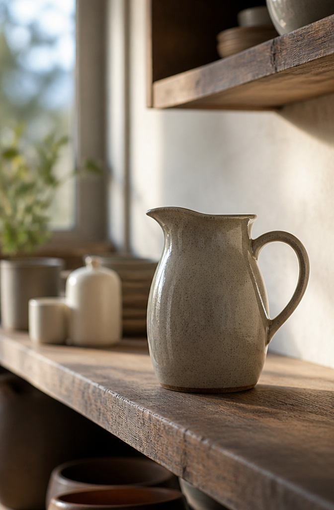 A kitchen featuring open shelving with curated personal items.
