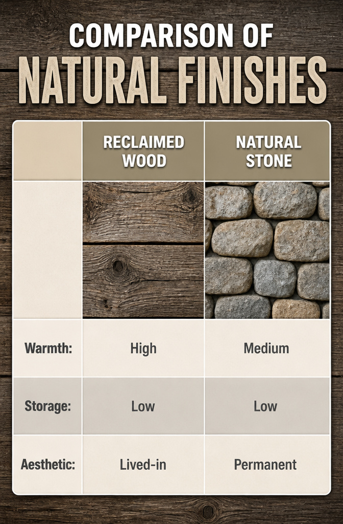 Comparison of natural finishes: reclaimed wood, natural stone, and aged brick.