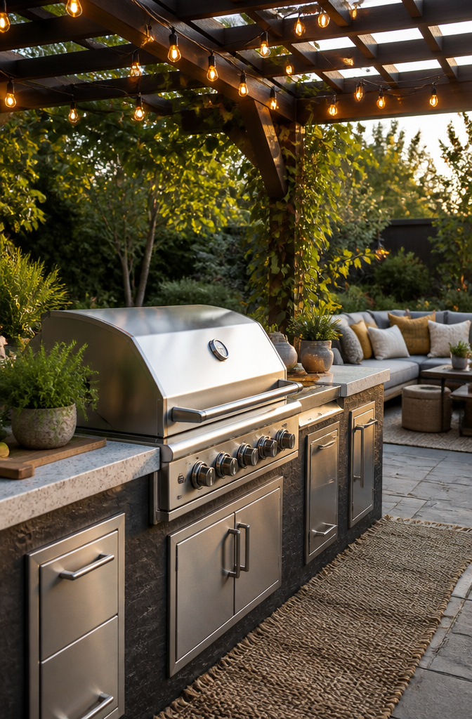 A pergola over a grill area with seating and greenery.