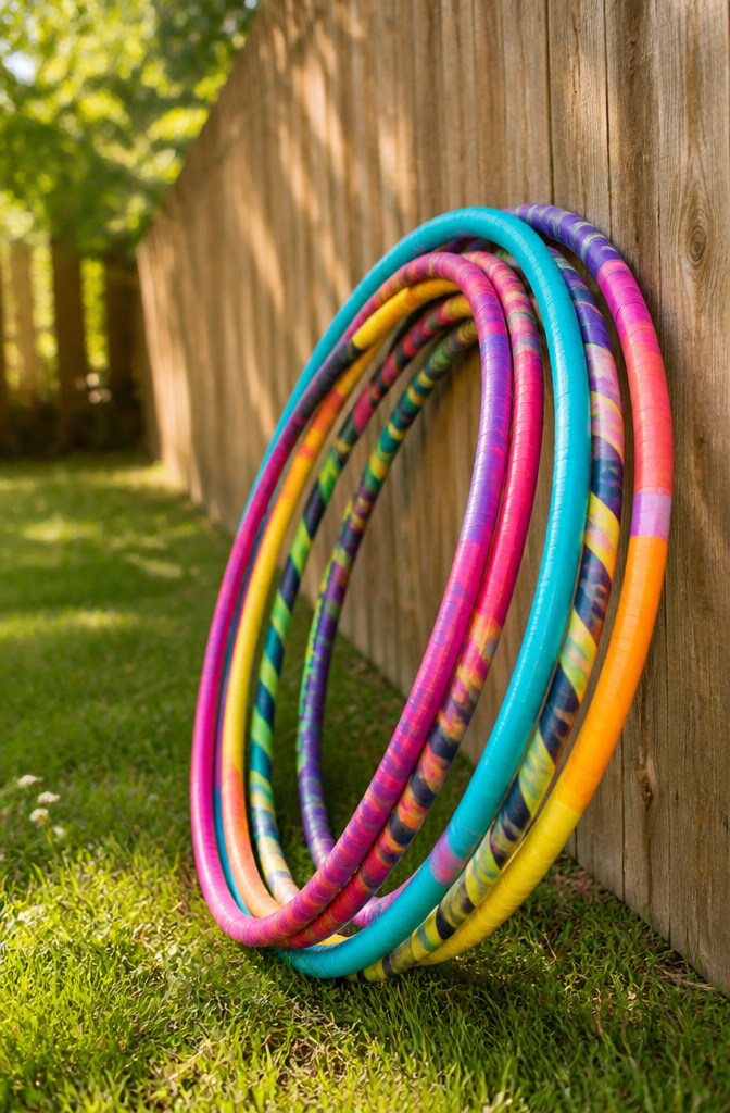 A set of hula hoops made from irrigation tubing in a backyard.