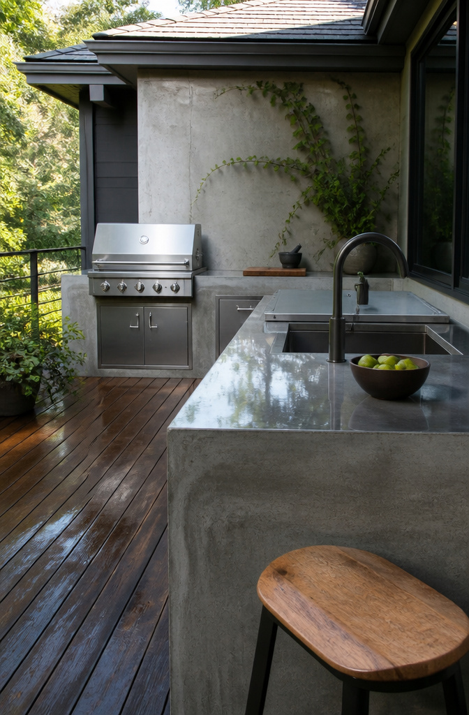 An outdoor kitchen with polished concrete counters and minimal greenery.
