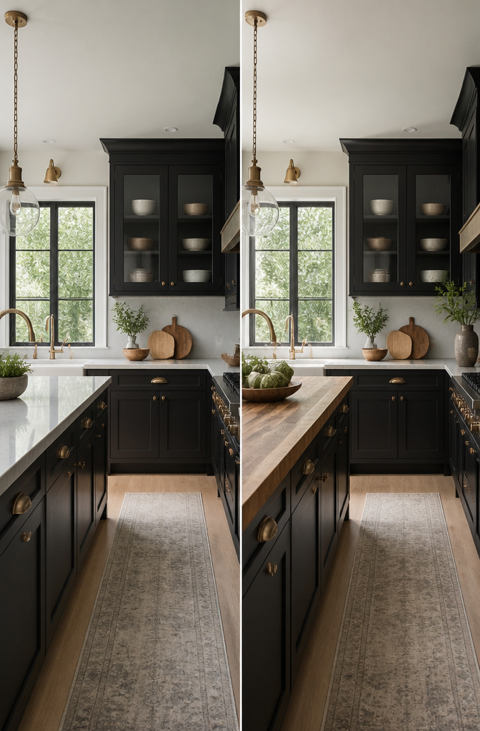 A kitchen with bold black cabinets and neutral countertops.