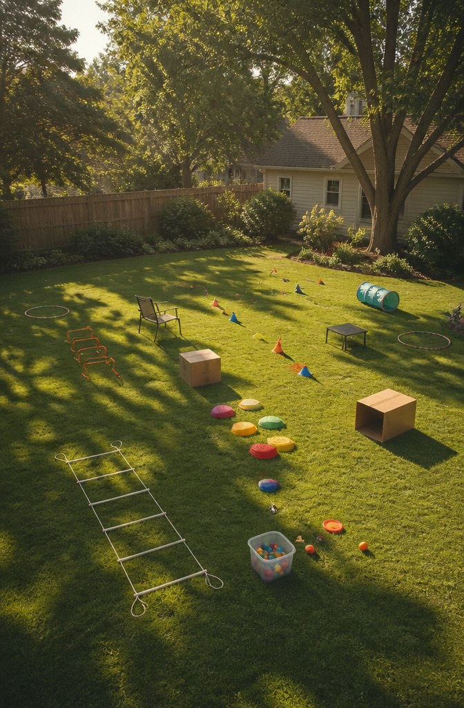 Various objects arranged for a backyard obstacle course.