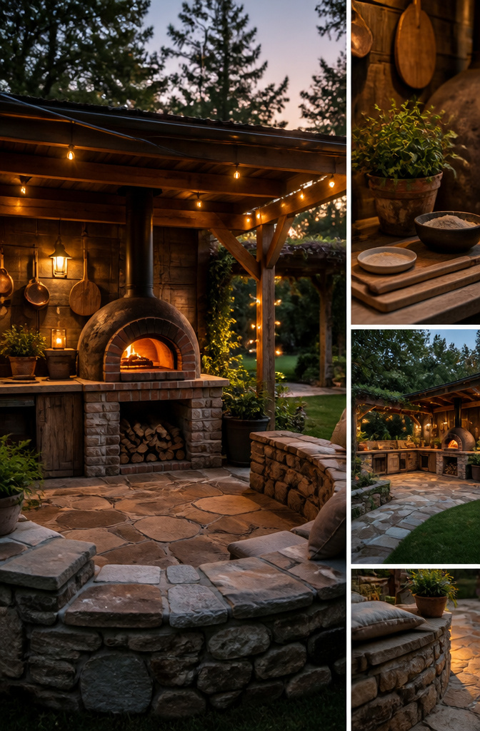 Outdoor kitchen featuring a wood-fired pizza oven and stone seating.