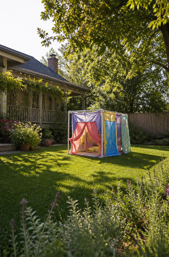 A DIY fort structure made with PVC pipes and sheets.