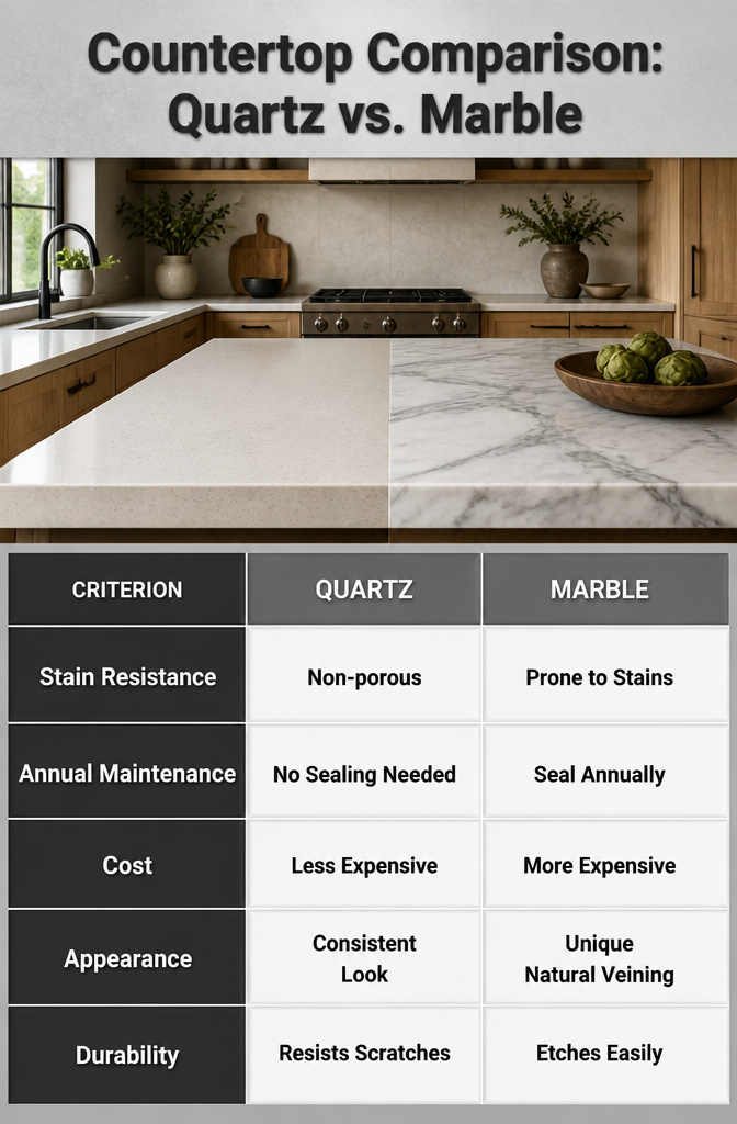 A countertop comparison image featuring quartz and marble surfaces.